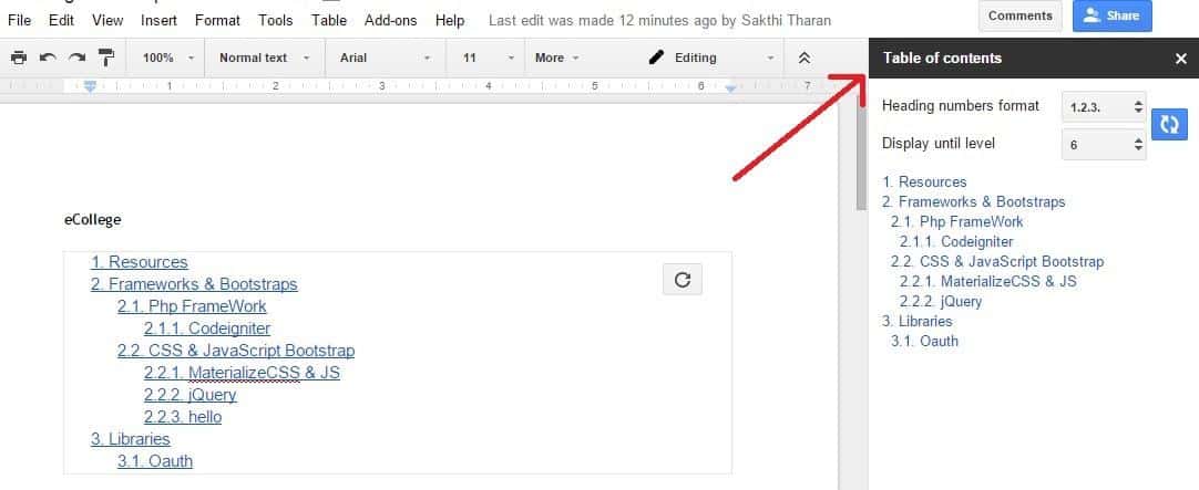 how to use google docs table of contents